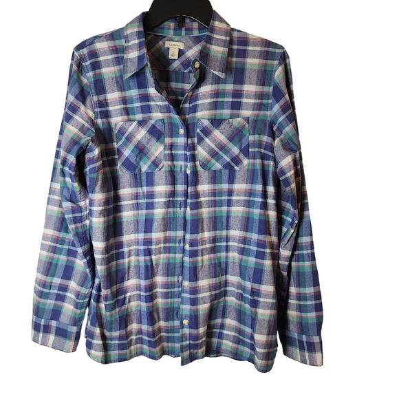 L.L. Bean Flannel Shirt Womens Small ItemID 282506 Plaid Blue Soft 100% Cotton - Picture 1 of 9